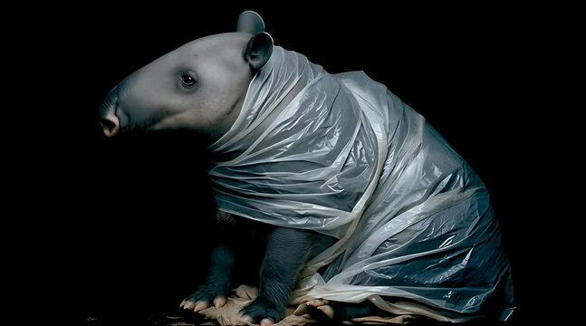 A powerful, conceptual image of a tapir entangled in a plastic sheet, symbolizing the devastating impact of plastic pollution on wildlife and the environment