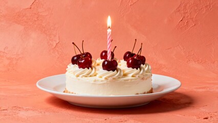 Birthday cake with cherry topping and lit candle