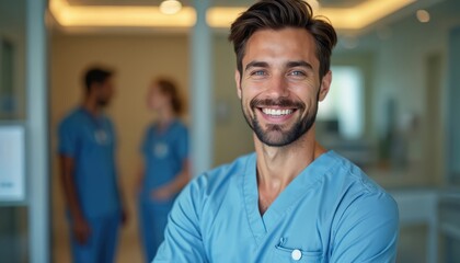 Young male nurse with friendly smile wears blue scrubs. He stands in a hospital hallway with blurred colleagues. Caring medical professional offers help and support.