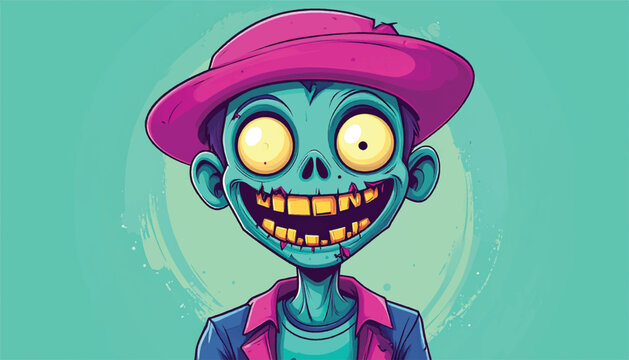 Cartoon Zombie Character with Pink Hat and Wide Grin.