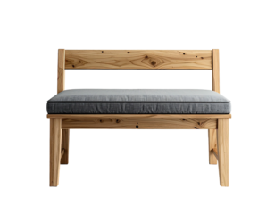 Simple wood bench with gray cushion, straight-on view
