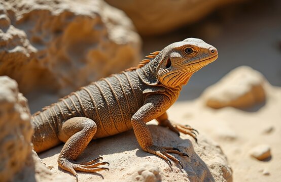 Armadillo girdled lizard poses on sandy rock. Reptile displays armored scales and spikes. Wildlife creature in arid desert environment under sun. Animal skin texture closeup.