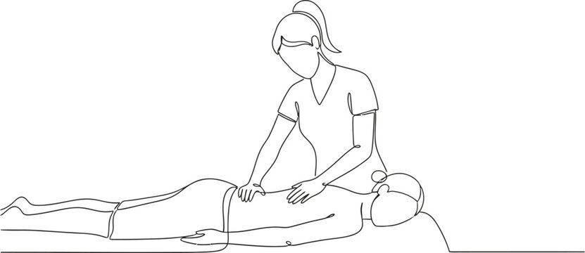 One continuous single drawing line art flat doodle osteopath, physical therapy, patient, recovery, head, medicine, pain, person, female. Isolated image hand draw contour on a white background 
