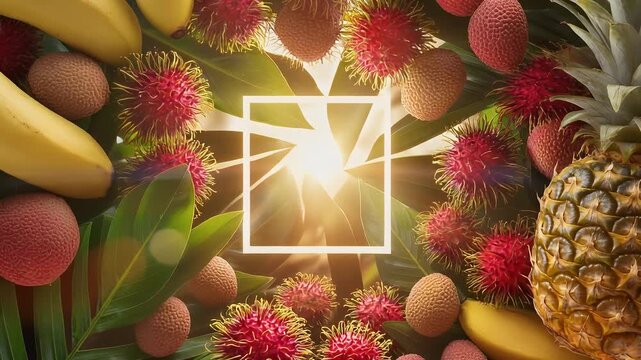 Vibrant tropical fruits and lush leaves frame a radiant sunburst within a central white square, symbolizing natural freshness, vitality, and exotic abundance