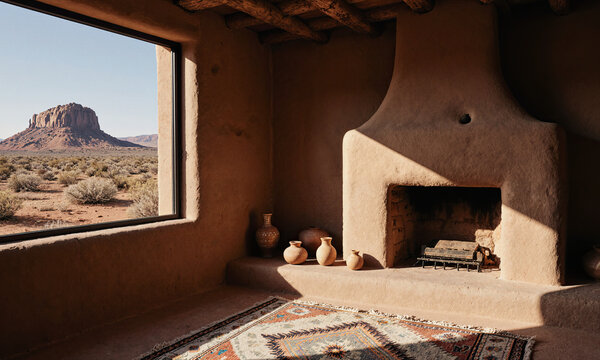 Albuquerque adobe, thick walls with rounded corners, vigas casting shadows, kiva fireplace with pottery displayed, Native American rug on floor
