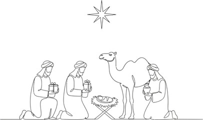 Continuous Line Art Nativity Scene: Three Wise Men and Baby Jesus Christmas Vector