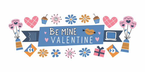 A cute valentine s day banner with hearts sweets and a be mine message