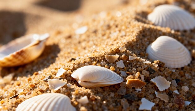 Close-up of seashell on sandy beach with golden sunlight - Powered by Adobe