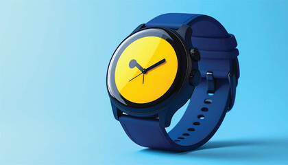 Stylish Blue Smartwatch with Yellow Face Displaying Time.