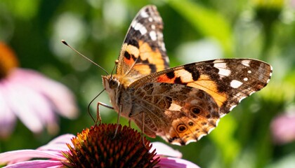 Obraz premium Painted Lady Butterfly on Purple Flower in Sunlight