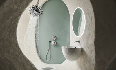 Biomechanical Bathroom Suite. A bathroom where the fixtures are seamlessly integrated into the organic, curving walls, resembling something grown rather