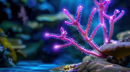 Naklejka premium Bioluminescent Coral Underwater Scene with Vibrant Colors and Soft Lighting Touches