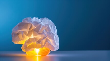 Abstract representation of creativity and innovation with a crumpled paper brain and glowing light source on a blue background