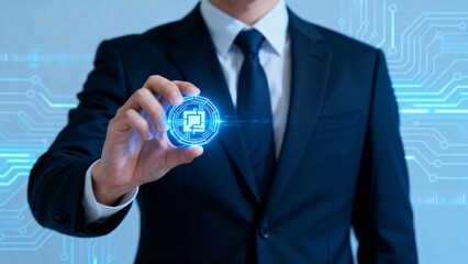 Businessman holding digital coin