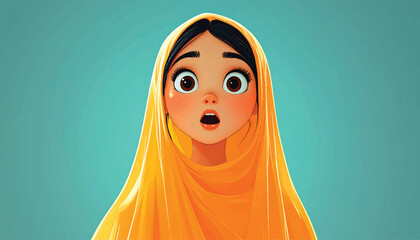 Cartoon Girl with Surprised Expression Wearing a Yellow Scarf.