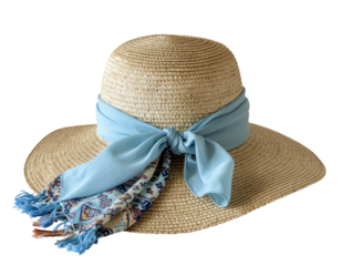Straw hat with blue scarf