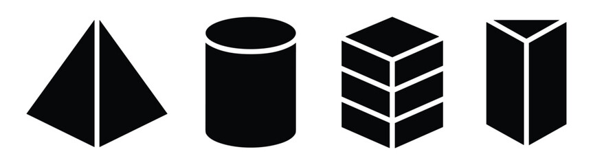 Set of geometric solids: a pyramid, cylinder, layered cube, and triangular prism shapes in black and white.