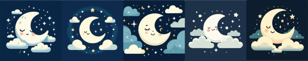 Naklejka premium Night Sky Crescent Moon with Clouds and Stars Vector