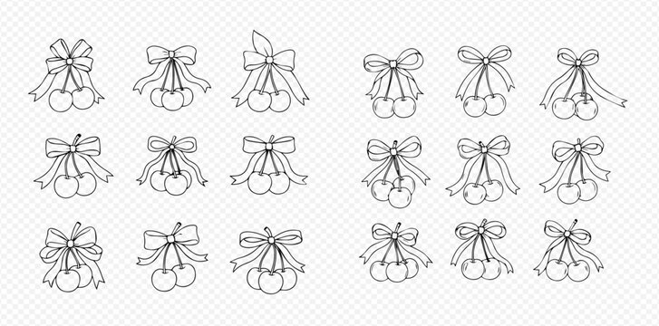 Set of hand drawn cherry fruit with cute bows in various styles, vector illustration.