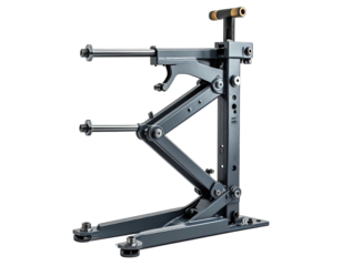 Grey metal mechanical arm stand; complex folding design