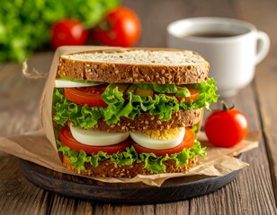 Delicious egg and tomato sandwich on sesame seed bread with lettuce