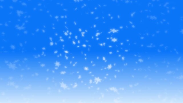 White snowflakes being lit up and falling down on blue gradient background. Abstract background for Merry Christmas, Happy Holidays, Season's greetings, Happy Valentine's day and winter season.