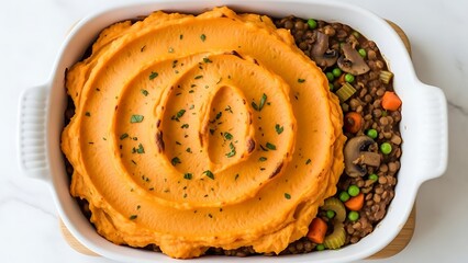 Healthy Vegan Shepherd's Pie with Sweet Potato Mash, Plant-Based Comfort Food, Modern Minimalist Styling
