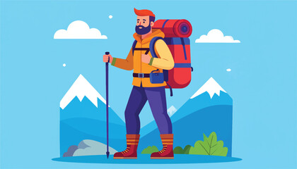 Illustration of a Hiker with Backpack and Trekking Pole in the Mountains.