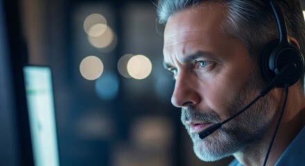 Professional male customer support agent working with computer and headset in modern office environment at night for call center service and technical assistance