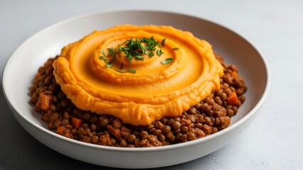 Healthy Vegan Shepherd's Pie with Sweet Potato Mash, Plant-Based Comfort Food, Modern Minimalist Styling

