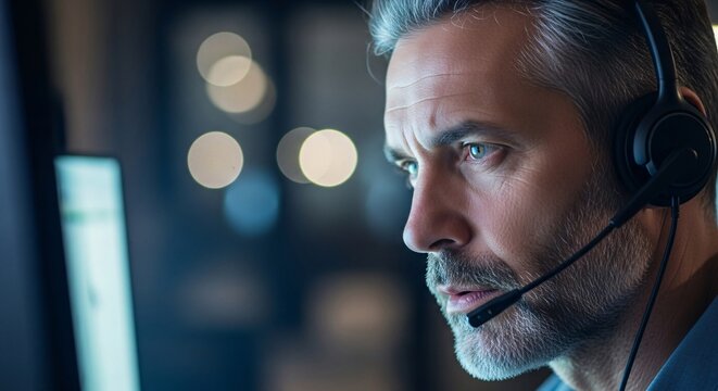 Professional male customer support agent working with computer and headset in modern office environment at night for call center service and technical assistance - Powered by Adobe