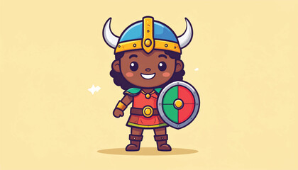 Cartoon Viking Girl with Shield and Horned Helmet Illustration.