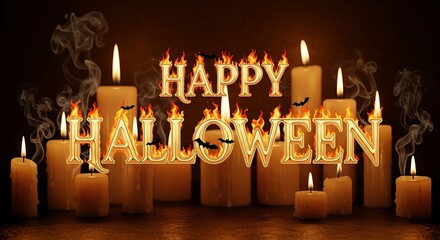 Happy halloween text with candles and smoke holiday celebration design