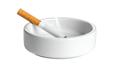 Lit cigarette in a round white ashtray, ready for a rest