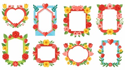 Floral frames with hearts and flowers in various arrangements on a white background