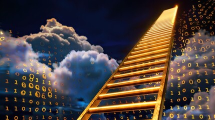 Golden Ladder Reaching Toward Digital Cloud with Binary Code in Background