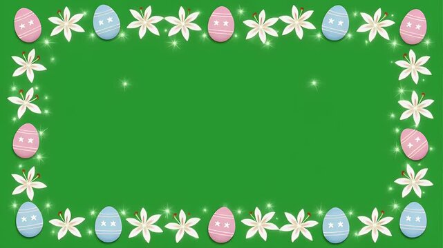 Elegant Easter egg and flower frame animation on a vibrant green background for festive designs