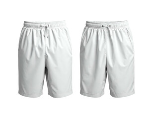 Two white athletic shorts with drawstrings shown front and back
