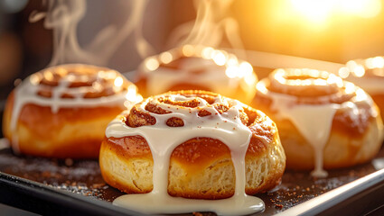 Delicious Morning Pastry, Close up of Glazed Cinnamon Rolls