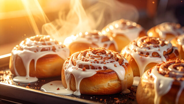 Freshly Baked Cinnamon Rolls with Melting Cream Cheese Frosting and Steam - Powered by Adobe