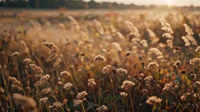 Naturally inspired Golden hour sunlight over a peaceful autumn meadow with wild grass gently moving in the breeze. Soft backlight, warm tones, and natural bokeh create a calm and relaxing nature backg