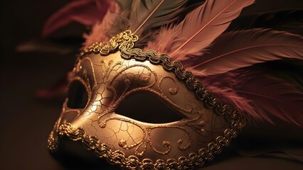 An opulent golden masquerade mask adorned with delicate feathers and intricate embellishments, evoking a sense of mystery and elegant celebration