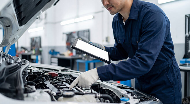 Mechanic checking engine condition using tablet app for modern vehicle diagnostics