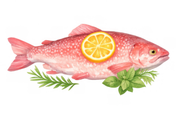 Pink whole fish with lemon slice, fresh rosemary, and basil, a watercolor seafood illustration on transparent background
