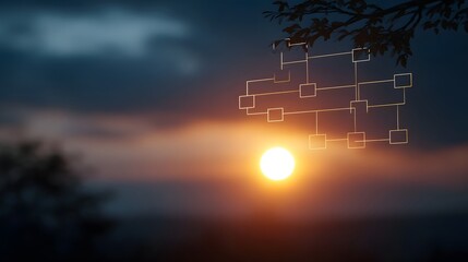 An abstract organizational hierarchy diagram is suspended from a tree branch against a vibrant sunset sky