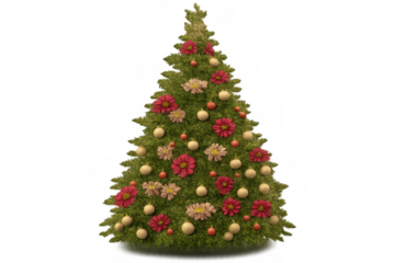 Christmas tree featuring vibrant red and soft beige floral decorations, golden baubles, and small red ornaments, symbolising holiday cheer