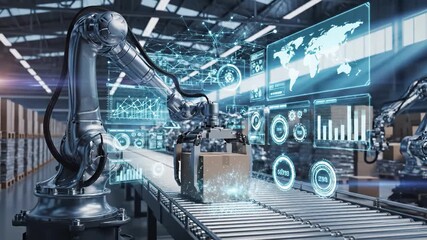 Industrial robotic arm lifting shipping box in automated warehouse with glowing holographic logistics data and world map floating in air - Powered by Adobe