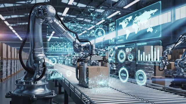 Industrial robotic arm lifting shipping box in automated warehouse with glowing holographic logistics data and world map floating in air