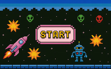 Pixel art space shooter game start screen with rocket and robot