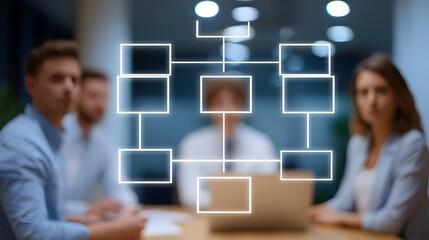Blurred professionals in a meeting discuss a glowing digital organizational chart
